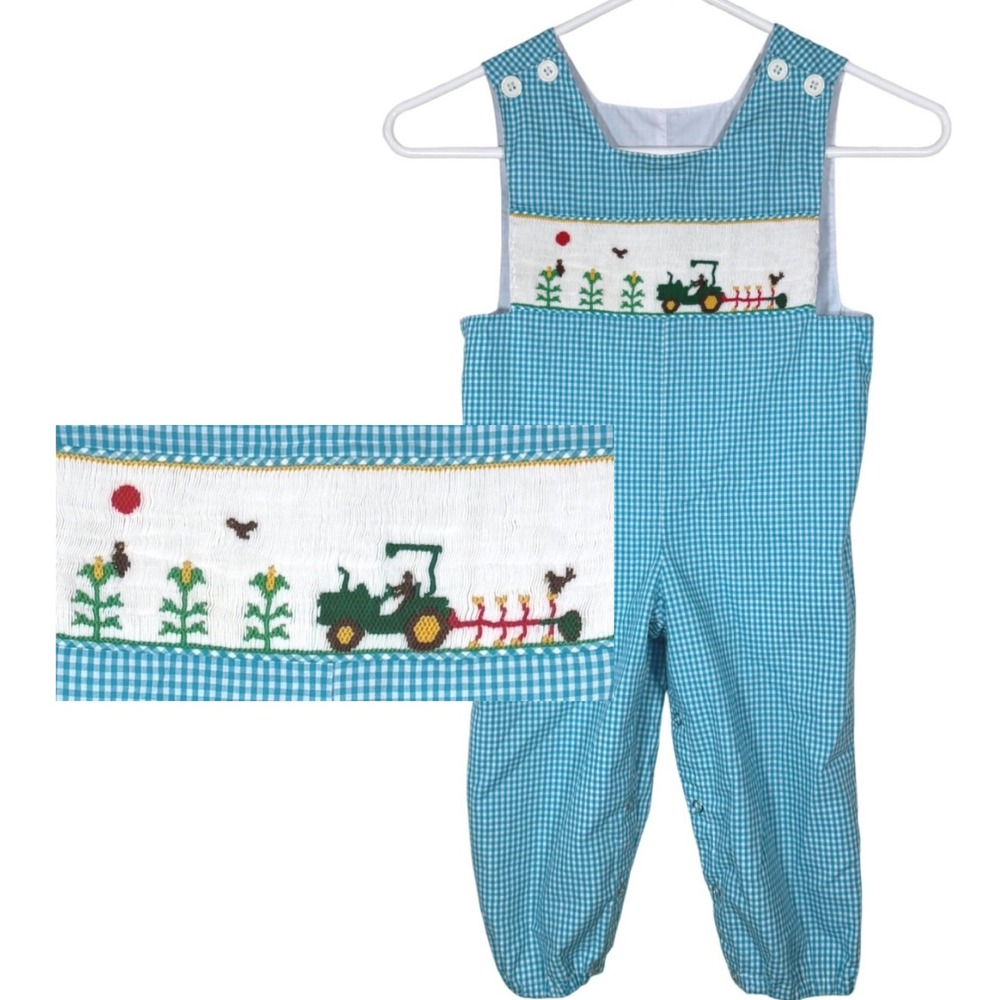 Mom & Me Smocked Farm Tractor Jon Jon Longalls 2T Blue Gingham Jumper Romper
